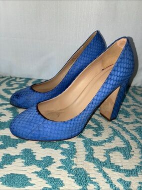 J. Crew Collection Made in Italy Cobalt Blue Textured Block Heel Pumps Sz 8
